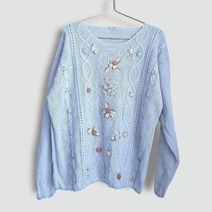 Vintage Light Blue Sweater 3D Floral Appliqués Pearl beads Cable Knit Design